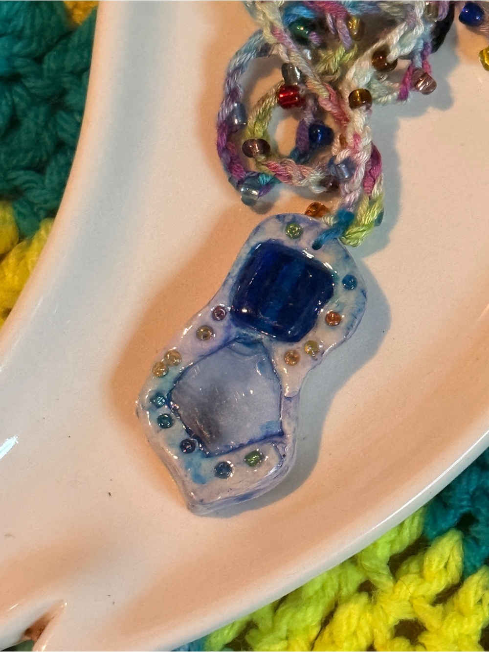 Handmade Polymer Clay Pendant Necklace With Glass Beaded | Crocheted
